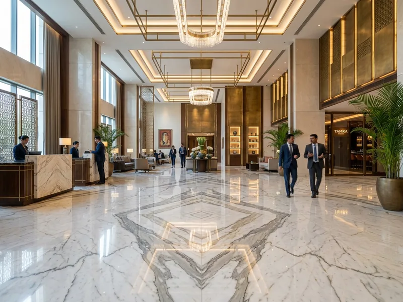 The Grand Lobby: Bookmatched Italian Statuario Marble Floor with 92+ GU Mirror Reflection
