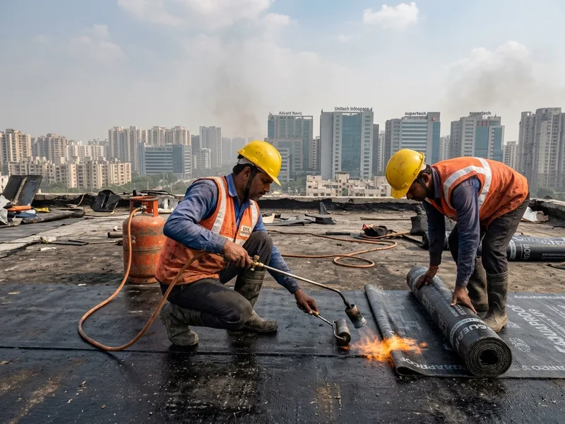 Indian Waterproofing Technicians Torch-Applying APP Bitumen Membrane on Commercial Rooftop