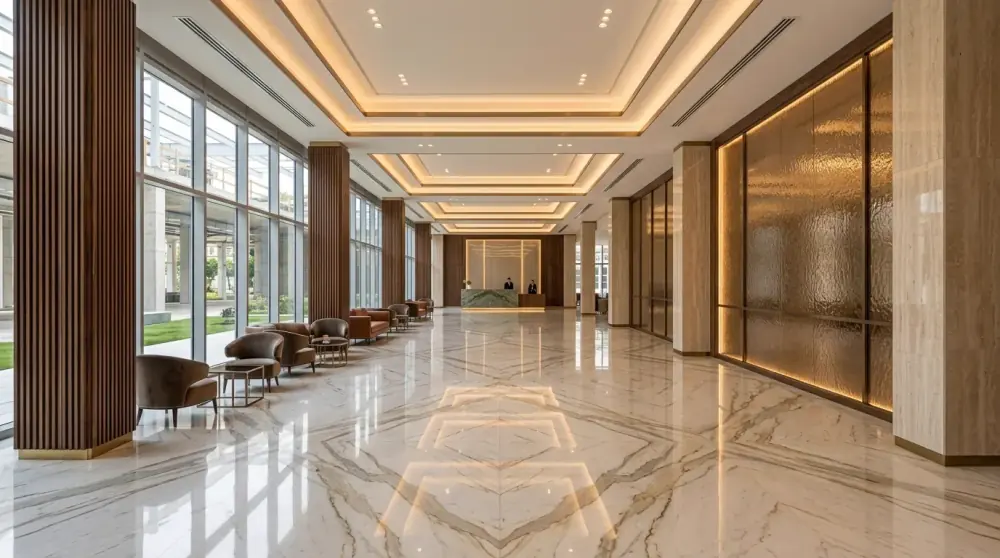 Stage 02: Completed 5-Star Luxury Architectural Finish with Mirror-Polished Italian Marble and Corporate Interiors