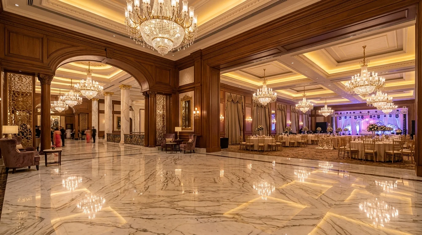 Luxury Hotel Arrival Lobby & Foyer — Bookmatched Imported Italian Marble Installation